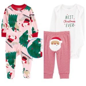 NWT Carters Baby 3pc Christmas Lot Long Sleeve Bodysuit, Pants & Sleeper 3M